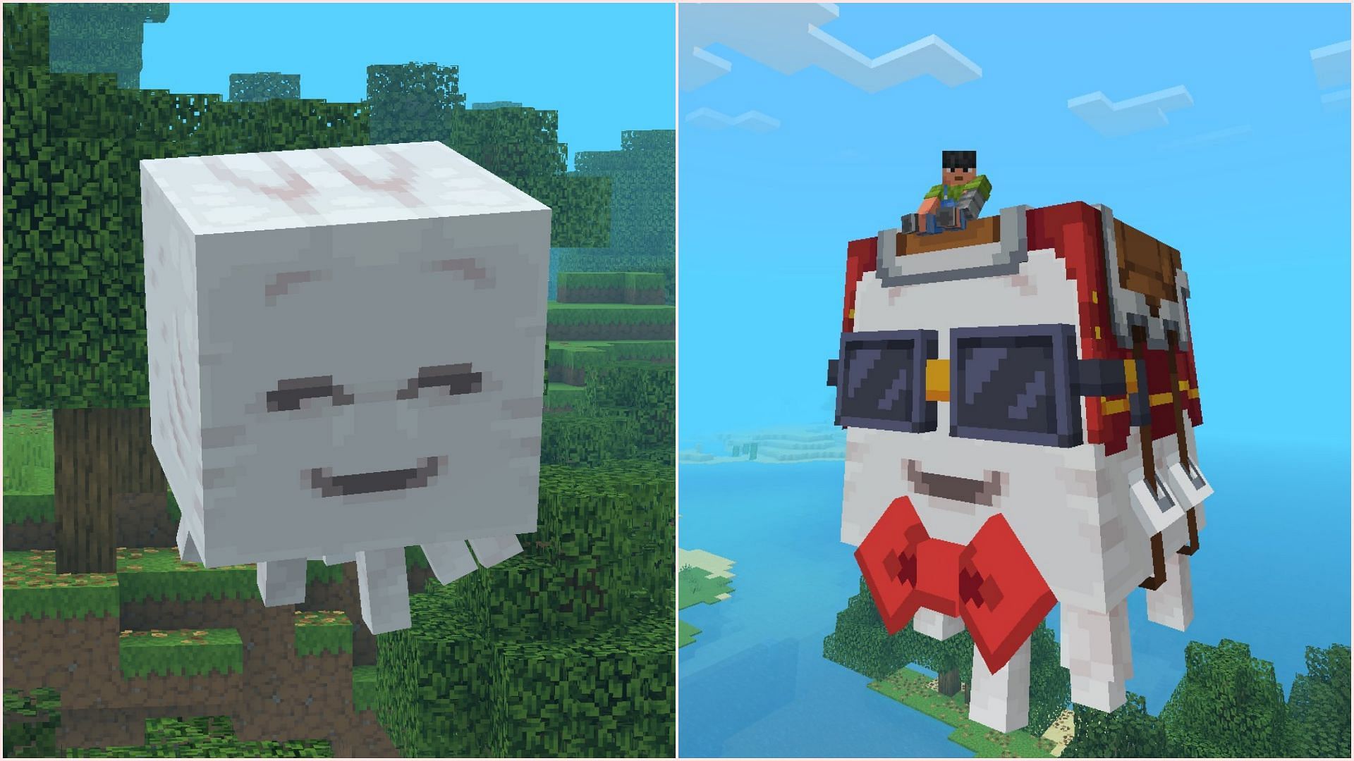 Happy ghasts get new animations and textures, while different harnesses also get different textures (Image via Sportskeeda Gaming || Mojang Studios)